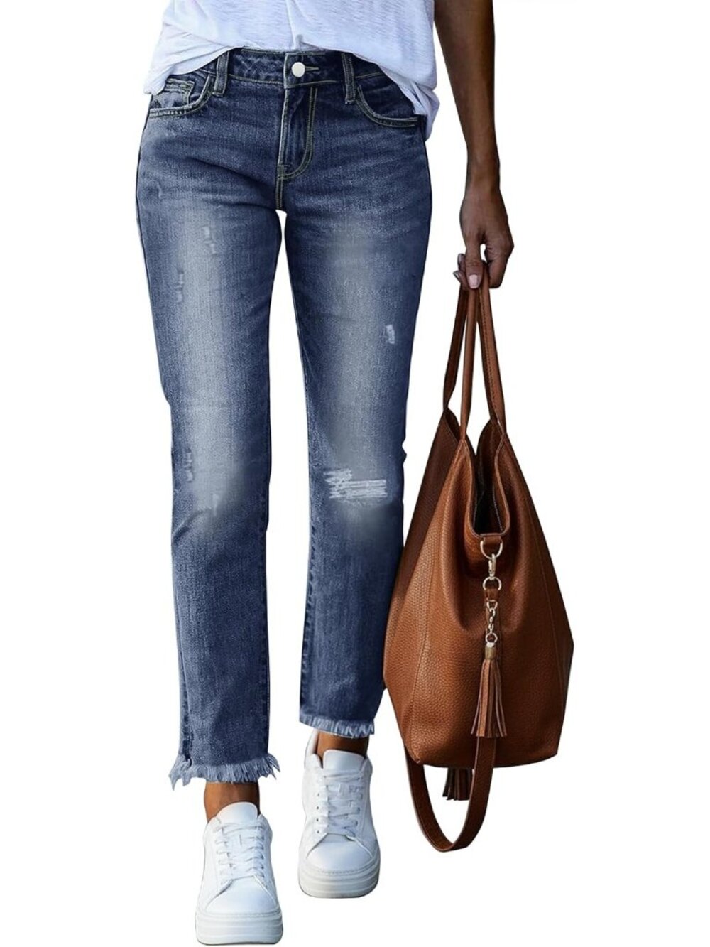 Women's Blue High Waisted Raw Hem Cropped Jeans Ripped Pocket Straight Leg Pants